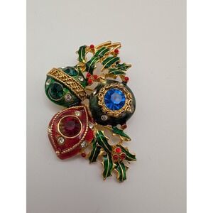 Vintage Christmas Ornament Brooch Holiday Pin Red Green Blue Rhinestone